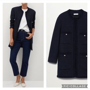 MANGO wool blend tweed collarless midi coat blogger fave zara competitor